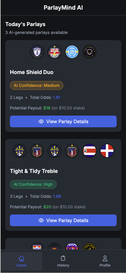 ParlayMind App - Home Screen with daily parlay picks